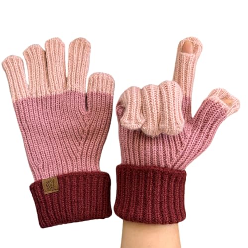 JINZIJINYU Warme Strickhandschuhe Für Damen Kontrastfarbene Fingerlose Wollhandschuhe Winter Touchscreen Fahrradhandschuhe Mit Geteilten Fingern Pink von JINZIJINYU