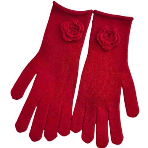 JINZIJINYU Winter Strickhandschuhe Damen Blumen Wollhandschuhe Zum Fahren Und Radfahren Finger Fahrradhandschuhe Rot von JINZIJINYU