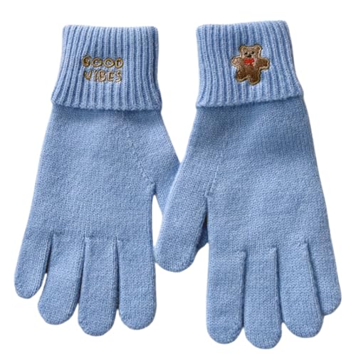 JINZIJINYU Winter Strickhandschuhe Gestickte Bären Wollhandschuhe Für Den Winter Finger Touchscreen Radfahren Kältebeständige Skihandschuhe Hellblau von JINZIJINYU