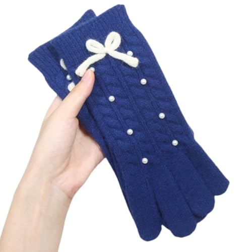 JINZIJINYU Winter Warm Damen Handschuhe Winter Bow Pearl Handschuhe Wolle Touchscreen Split Finger Student Handschuhe Blau von JINZIJINYU