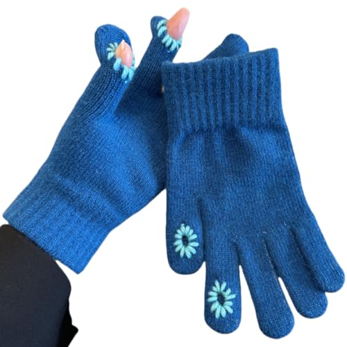 JINZIJINYU Winterhandschuhe Damen Warm Touchscreen Winddicht Handhook Split Finger Handschuhe Fingerlose Woll Touchscreen Fünf Finger Laufhandschuhe Dunkelblau von JINZIJINYU