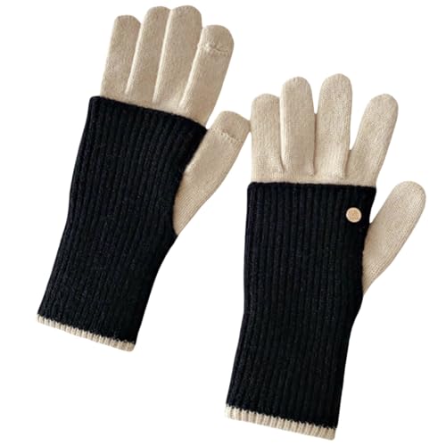 Winterhandschuhe Damen Warm Touchscreen Winddicht Doppellagige Color Blocking Handschuhe Für Damen Mit Touchscreen Fingerlose Verdickte Fünf Finger Fahrradhandschuhe Für Den Winter Schwarz Und Beige von JINZIJINYU