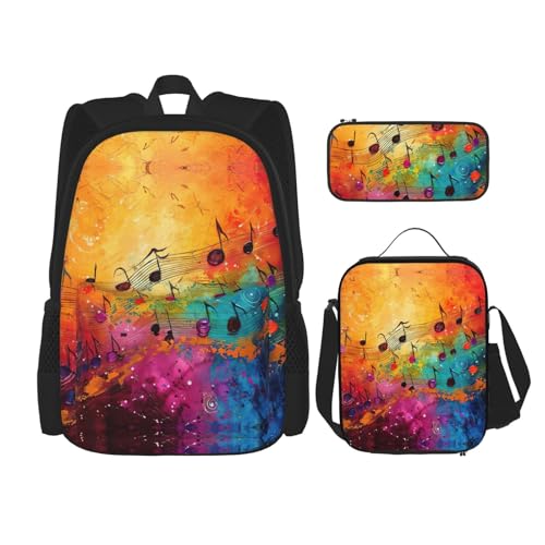 JIUTY Bunte Musiknoten-Rucksack, 40,6 cm, Schul-Büchertasche mit Lunchbox, große Rucksäcke für Grundschule, Vorschule, 3 Stück, Schwarz , Einheitsgröße, Schulranzen-Set von JIUTY