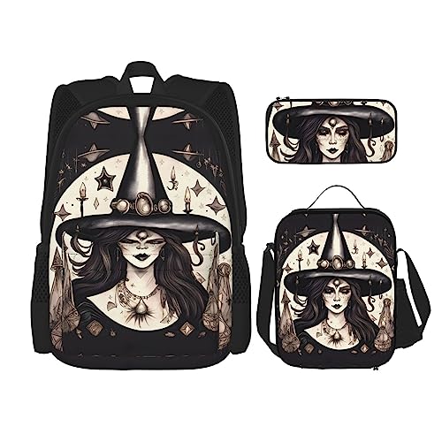 JIUTY Magic Witch Witchcraft Bohemian Rucksack, 40,6 cm, Schulbüchertasche mit Lunchbox, große Rucksäcke für Grundschule, Vorschule, 3 Stück, Schwarz , Einheitsgröße, Schulranzen-Set von JIUTY