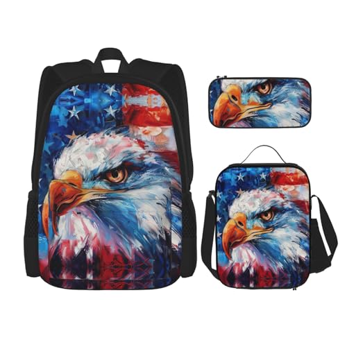 JIUTY Patriotic Eagle Rucksack, 40,6 cm, Schulbüchertasche mit Lunchbox, große Rucksäcke für Grundschule, Vorschule, 3 Stück, Schwarz , Einheitsgröße, Schulranzen-Set von JIUTY