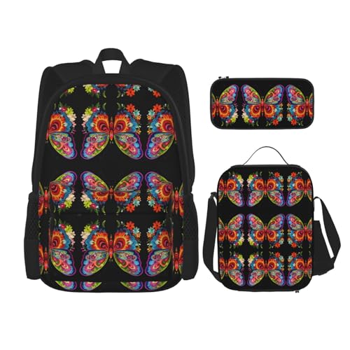 JIUTY Rucksack mit Stickerei, bunte Schmetterlinge, 40,6 cm, Schulbüchertasche mit Lunchbox, große Rucksäcke für Grundschule, Vorschule, 3 Stück, Schwarz , Einheitsgröße, Schulranzen-Set von JIUTY