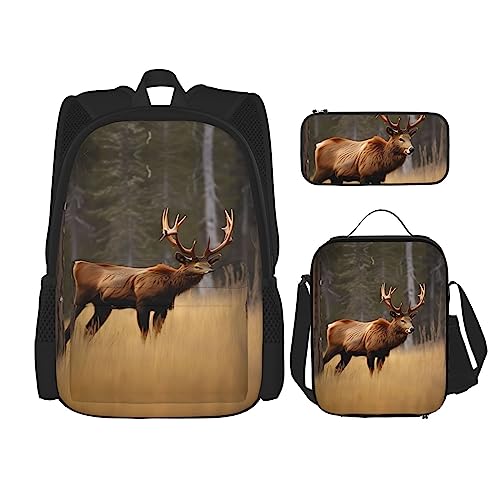 JIUTY Rucksack mit Wildtiermotiv, Hirsch, Bär, Elch, 3 Stück, 40,6 cm, Schulbüchertasche mit Lunchbox, große Rucksäcke für Grundschule, Schwarz , Einheitsgröße, Schulranzen-Set von JIUTY