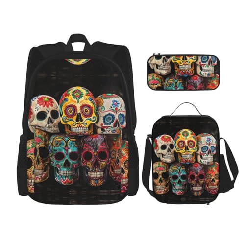 JIUTY Sugar Skulls Rucksack, 40,6 cm, Schulbüchertasche mit Lunchbox, große Rucksäcke für Grundschule, Vorschule, 3 Stück, Schwarz , Einheitsgröße, Schulranzen-Set von JIUTY