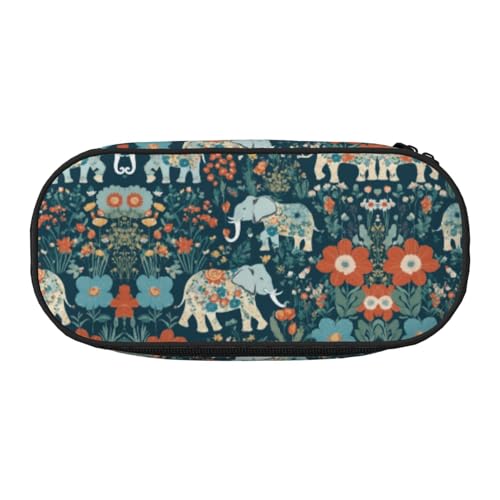 JIUTY Wunderschönes Wiesenmuster mit Blumenelefant in niedlicher ästhetischer großer Kapazität Reißverschluss Federmäppchen Stift, tragbarer Schreibtisch Organizer für Erwachsene, blacks, One size, von JIUTY