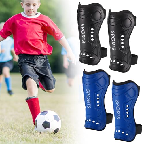 JIZZU 2 Paar Schienbeinschoner Kinder, Leichte Hochfeste Schienbeinschützer Fußball, Jugendgrößen Kind Fußball Shin Pads für Jungen Mädchen,umfassender Schutz(Blau & Schwarz) von JIZZU