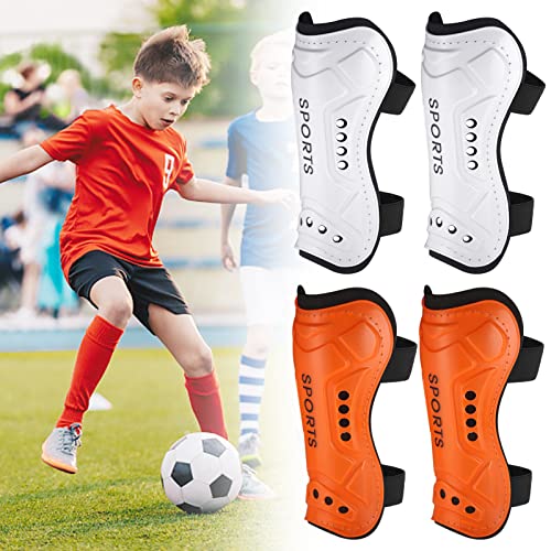 JIZZU 2 Paar Schienbeinschoner Kinder, Leichte Hochfeste Schienbeinschützer Fußball, Jugendgrößen Kind Fußball Shin Pads für Jungen Mädchen,umfassender Schutz((Orange/Weiß) von JIZZU