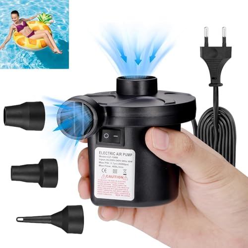 JIZZU Elektrische Luftpumpe, 2 in 1 Tragbare Luftpumpe, Pumpe Luftmatratze mit 3 Düsen, 220V/DC 12V Luftpumpe für Matratze Luftmatratze Schlauchboot Schwimmring von JIZZU