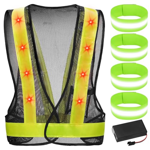 JIZZU LED Laufweste Warnweste Reflektorweste mit 4 Elastisch Reflektorband Atmungsaktiv Sportweste aus Mesh-Gewebe Reflektierende Weste für Radfahren Joggen von JIZZU