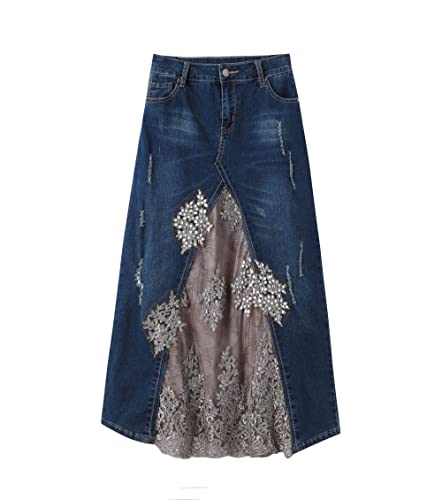 JJDSL Jeansrock Für Damen - Denim Und Spitze Patchwork Hohe Taille Lange Plus Size Denim Röcke, Mode Elegante Knöpfe Taschen Frauen A-Linie Bleistift Rock, Für Lässige Und Formelle Veranstaltungen, B JJDSL Jeansrock Für Damen - Denim Und Spitze Patchwork Hohe Taille Lange Plus Size Denim Röcke, Mode Elegante Knöpfe Taschen Frauen A-Linie Bleistift Rock, Für Lässige Und Formelle Veranstaltungen, B von JJDSL