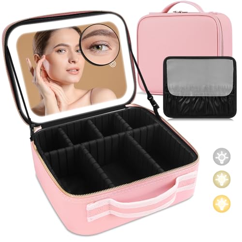 Reise-Schminktasche mit LED-Spiegel, Reise-Schminktasche mit beleuchtetem Spiegel, 3-Farben-Einstellung, 10-facher Vergrößerungsspiegel, verstellbare Unterteilungen,Rosa Reise-Schminktasche mit LED-Spiegel, Reise-Schminktasche mit beleuchtetem Spiegel, 3-Farben-Einstellung, 10-facher Vergrößerungsspiegel, verstellbare Unterteilungen,Rosa von JJhxr
