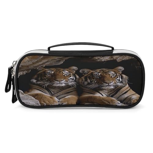 JKLPOMN Tragbare Make-up-Tasche, Tiger in Höhle, bedruckt, großes Fassungsvermögen, Reise-Make-up-Box, Aufbewahrungstasche, Kosmetik-Reisetasche, Damen-Kulturbeutel, geeignet für Mädchenreisen, Tiger von JKLPOMN