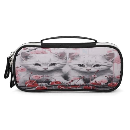 JKLPOMN Tragbare Make-up-Tasche, mit Katzen- und Kirsch-Motiv, große Kapazität, Reise-Make-up-Box, Aufbewahrungstasche, Kosmetik-Reisetasche, Damen-Kulturbeutel, geeignet für Mädchen, Reisen, Katze von JKLPOMN