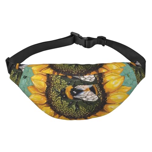 Bee & Sunflowers bedruckte Hüfttasche mit Kopfhöreranschluss, personalisierte Bauchtaschen, Unisex, Laufen, Wandern, Crossbody-Tasche für Männer und Frauen, Schwarz , Einheitsgröße, Reiserucksäcke von JKLQWC