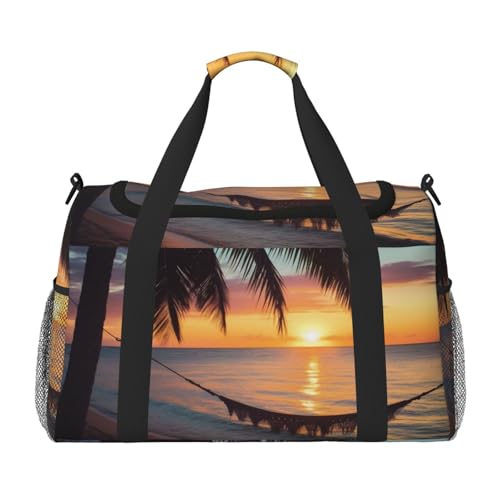 Coconut Beach Sunset Hammock Printed Travel Duffle Bag for Men Women Large Sport Gym Bag Handbag with Shoulder Strap for Travel Weekend Fishing Hunting, Schwarz , Einheitsgröße, Reisetasche von JKLQWC