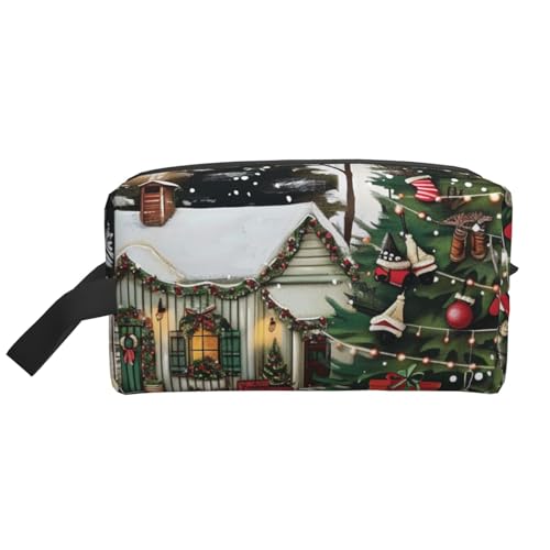 Farmhouse Make-up-Tasche mit Weihnachtsdruck, für Damen, Reise-Make-up, Kulturbeutel, Organizer, große Kapazität, Kosmetiktasche mit Griff, weiß, Einheitsgröße, Kosmetiktasche von JKLQWC