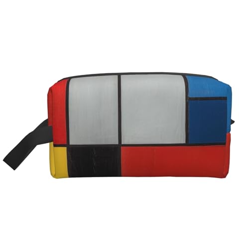 Komposition in Rot, Gelb, Blau und Schwarz Bedruckte Make-up-Tasche für Damen, Reise-Make-up, Kulturbeutel, Organizer, große Kapazität, Kosmetiktasche mit Griff, weiß, Einheitsgröße, Kosmetiktasche von JKLQWC