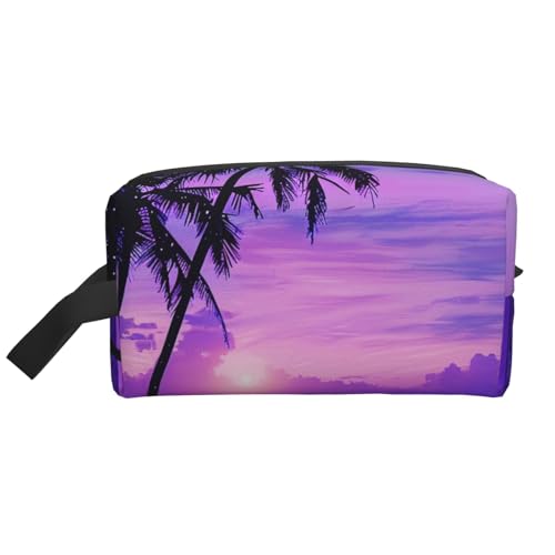 Kosmetiktasche mit Griff und Palmenmotiv, Motiv: Sonnenuntergang, für Damen, Reise-Make-up, Kulturbeutel, Organizer, große Kapazität, Lila, weiß, Einheitsgröße, Kosmetiktasche von JKLQWC