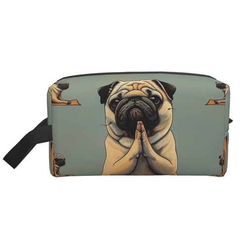 Kosmetiktasche mit Yoga-Mops-Aufdruck, für Damen, Reise-Make-up, Kulturbeutel, Organizer, große Kapazität, Kosmetiktasche mit Griff, weiß, Einheitsgröße, Kosmetiktasche von JKLQWC