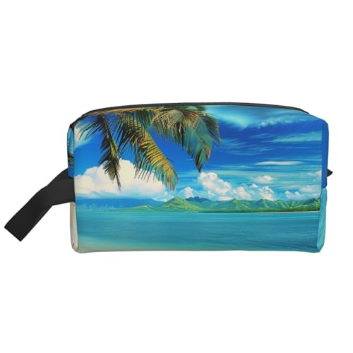 Kosmetiktasche mit tropischer Palme, Hawaii-Stranddruck, für Damen, Reise-Make-up, Kulturbeutel, Organizer, große Kapazität, Kosmetiktasche mit Griff, weiß, Einheitsgröße, Kosmetiktasche von JKLQWC