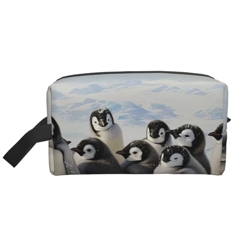 Make-up-Tasche für Damen, Motiv: junge Pinguine mit Schnee, für Reisen, Make-up, Kulturbeutel, Organizer, große Kapazität, Kosmetiktasche mit Griff, weiß, Einheitsgröße, Kosmetiktasche von JKLQWC