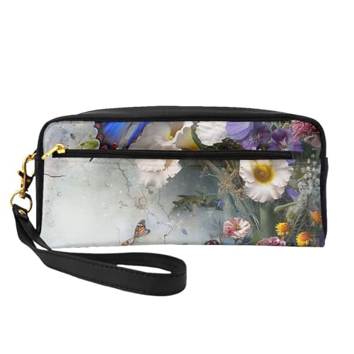 Bedruckte Kosmetiktasche mit Blumen und Schmetterlingen für Damen, Mutter, stilvolle und tragbare Make-up-Tasche aus Leder, niedliches Geschenk, Reise-Kulturbeutel mit Reißverschluss, Schwarz , von JKSEEPYN