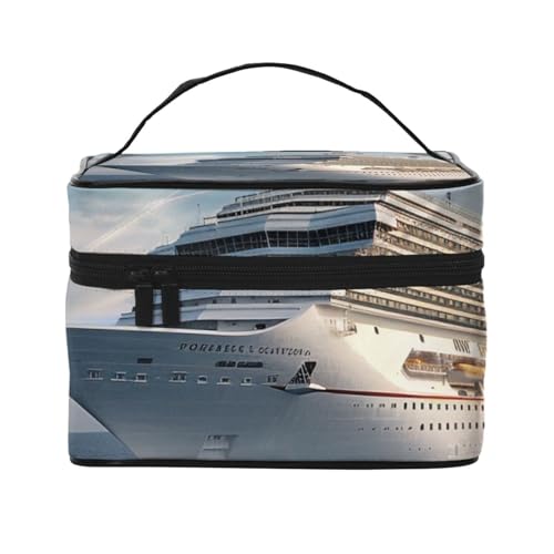 Bedruckte Make-up-Tasche mit Kreuzfahrtschiff, Reise-Kosmetiktasche für Damen, Kosmetik-Aufbewahrungstasche, Reißverschluss, Kulturbeutel, Organizer mit Griff, Schwarz , Einheitsgröße, Kosmetiktasche von JKSEEPYN