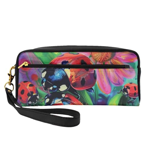 Bunte Kosmetiktasche mit Marienkäfer-Aufdruck für Damen, Mutter, stilvolle und tragbare Leder-Make-up-Tasche, niedliches Geschenk, Reise-Kulturbeutel mit Reißverschluss, Schwarz , Einheitsgröße, von JKSEEPYN