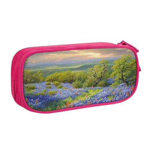 JKSEEPYN Texas Bluebonnets Federmäppchen mit Landschaftsmotiv, schwarz, Make-up-Organizer, doppellagige Reißverschlusstasche mit Stiftfächern und Taschen, für Büro, Reisen oder Schule, rose, von JKSEEPYN