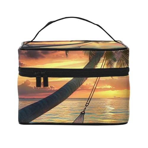 Kosmetiktasche mit Griff, Motiv: Kokosnuss, Strand, Sonnenuntergang, bedruckte Make-up-Tasche, Reise-Kosmetiktasche für Damen, Kosmetik-Aufbewahrungstasche, Reißverschluss, Kulturbeutel, Schwarz , von JKSEEPYN