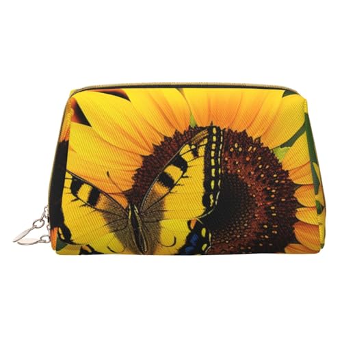 Kosmetiktasche mit Schmetterlingsmotiv, Motiv: blühende Sonnenblumen, Blumen, bedruckt, für Damen, Mutter, kleine PVC-Leder, Reise-Make-up-Tasche, niedliches Geschenk, Kulturbeutel mit Reißverschluss, von JKSEEPYN