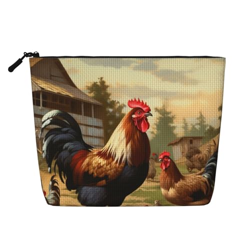 Kulturbeutel mit Bauernhof-Aufdruck, Motiv: Huhn und Hahn bedruckt, Leinen, Kulturbeutel, personalisierbar, Reise-Make-up-Kosmetiktasche für Frauen und Mütter, Schwarz , Einheitsgröße, Kosmetiktasche von JKSEEPYN