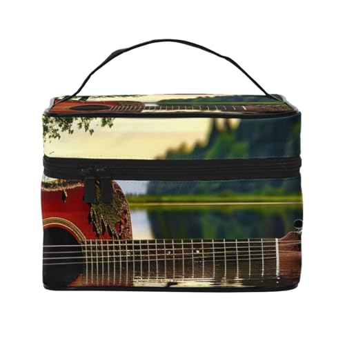 Make-up-Tasche mit Aufdruck "Lake Guitar Reflection", Reise-Kosmetiktasche für Damen, Kosmetik-Aufbewahrungstasche, Reißverschluss, Kulturbeutel, Organizer mit Griff, Schwarz , Einheitsgröße, von JKSEEPYN