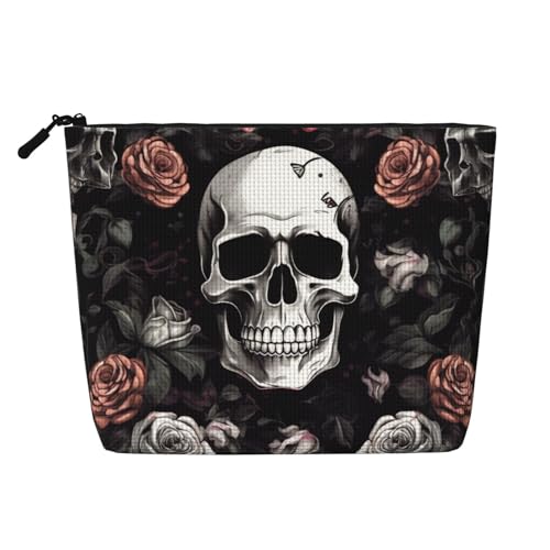 Make-up-Tasche mit Blumenmuster, Motiv: Halloween-Totenkopf bedruckt, Leinen, Kulturbeutel, personalisierbar, Reise-Make-up-Kosmetiktasche für Frauen und Mütter, Schwarz, Schwarz , Einheitsgröße, von JKSEEPYN