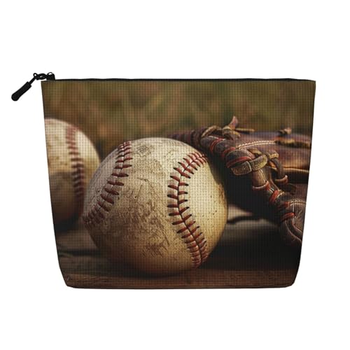 Make-up-Tasche mit Retro-Baseball-Motiv, Leinen, Kulturbeutel, personalisierbar, Reise-Make-up-Kosmetiktasche für Frauen und Mütter, Schwarz , Einheitsgröße, Kosmetiktasche von JKSEEPYN