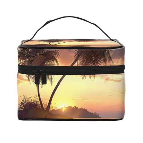 Sunrise Make-up-Tasche mit tropischer Palmeninsel, bedruckt, Reise-Kosmetiktasche für Damen, Kosmetik-Aufbewahrungstasche, Reißverschluss, Kulturbeutel, Organizer mit Griff, Schwarz , Einheitsgröße, von JKSEEPYN