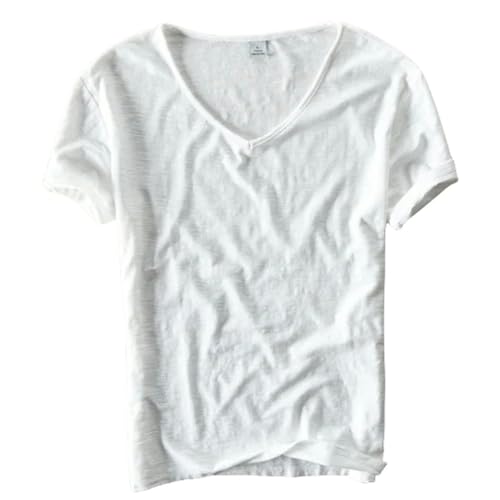 JMAMOY T Shirt Herren Sommer T-Shirt Männer Leinen Baumwolle Kurzarm Tshirt V-Ausschnitt Tops&Tee Atmungsaktiv Bequem Slim T-Shirt-weiß-asiatische Größe L von JMAMOY
