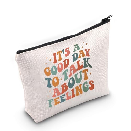Kosmetiktasche mit Aufschrift "It's A Good Day to Talk About Feelings", beige, M, Kosmetiktasche von JNIAP