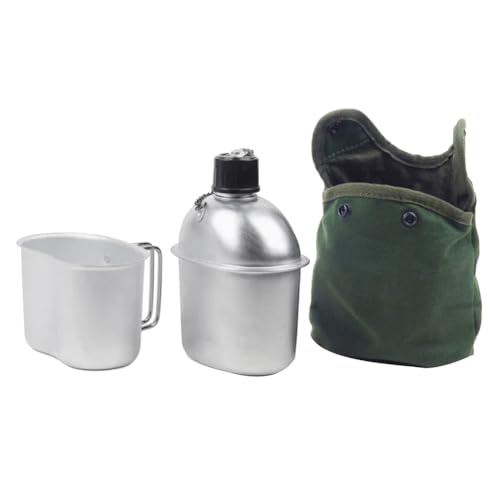 JNJOOD Outdoor-Kantinen-Kochgeschirr-Set, 0,9 L Kantinenbecher, Tragbare Wasserflasche mit Haltegriff, Becher für Outdoor-Camping, Wandern, Silber von JNJOOD