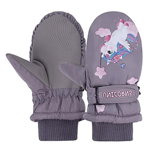 JNUYISW Kinder Skihandschuhe, wasserdichte Fäustlinge Warm Winterhandschuhe Outdoor Winddichte Sport Schnee Handschuhe für 2-10 Jahre Junge Mädchen Laufen Skifahren Snowboard, Einhorn Grau von JNUYISW