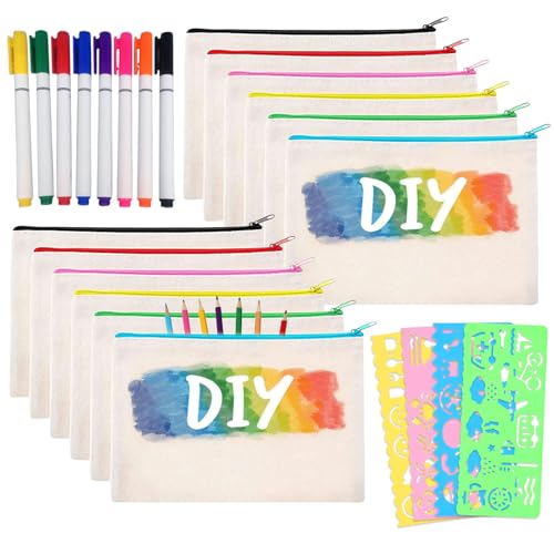 12 Stück DIY Blanko Stoffbeutel, Stoff Federmäppchen, Make up Taschen aus Segeltuch mit Reißverschluss, Stoffbeutel zum Bemalen mit 8 Graffiti Stifte und 4 Zeichenvorlagen für Arbeit Schule Reisen 12 Stück DIY Blanko Stoffbeutel, Stoff Federmäppchen, Make up Taschen aus Segeltuch mit Reißverschluss, Stoffbeutel zum Bemalen mit 8 Graffiti Stifte und 4 Zeichenvorlagen für Arbeit Schule Reisen von JOKILY