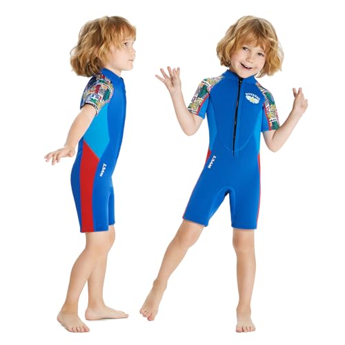 JONRRYIN Neoprenanzug Kinder Neopren Shorty Thermal Tauchen Badeanzug, 2,5 mm Neopren Frontreißverschluss Einteilige Neoprenanzüge für Wassersport Surfen Schwimmen Tauchen Jetski (HellBlau, S) von JONRRYIN