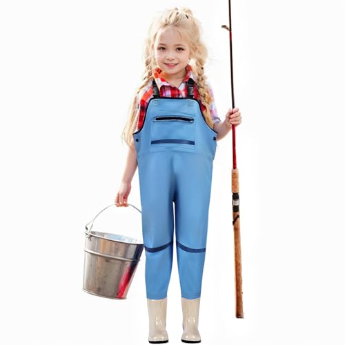 JONRRYIN Kinderwathose, Jugendliche Kinder Brust Wathose, Wathose Anglerhose Kinder mit Brusttasche und Verstellbarer Riemen, Kinder Angeln Wathose Stiefel wasserdichte rutschfest (Blau, 29) von JONRRYIN