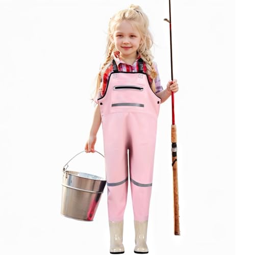 JONRRYIN Kinderwathose, Jugendliche Kinder Brust Wathose, Wathose Anglerhose Kinder mit Brusttasche und Verstellbarer Riemen, Kinder Angeln Wathose Stiefel wasserdichte rutschfest (Rosa, 27) von JONRRYIN