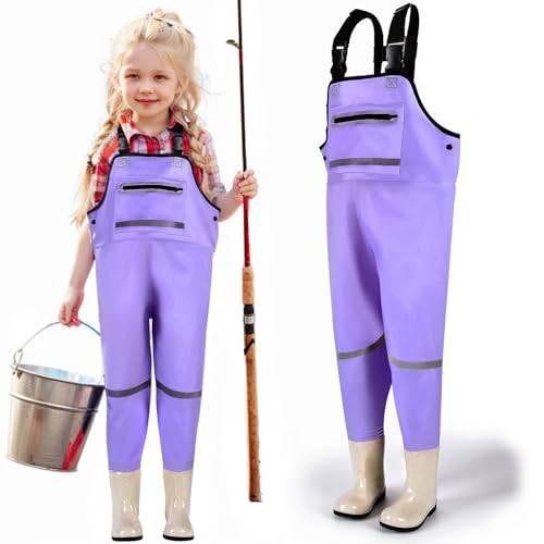 JONRRYIN Kinderwathose, Jugendliche Kinder Brust Wathose, Wathose Anglerhose kinder mit Brusttasche und Verstellbarer Riemen, Kinder Angeln Wathose Stiefel Wasserdichte Rutschfest (Lila, 32) von JONRRYIN