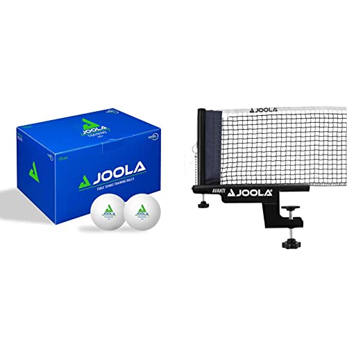 JOOLA 44230 Tischtennisbälle Training 40+ Tischtennis Bälle 120er Karton, Weiss & 31009 Unisex – Erwachsene TT-Netzgarnitur Avanti Tischtennisnetz, schwarz, 152cm von JOOLA